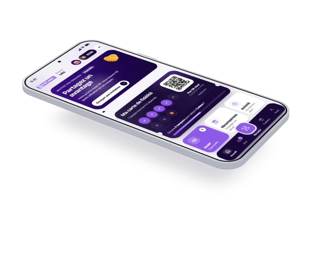 Application de fidélité Fiplink sur smartphone : carte de fidélité, jetons et jeux