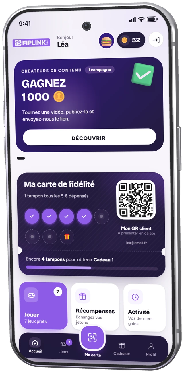 Écran d’accueil du programme&nbsp;: jetons, carte de fidélité et actions