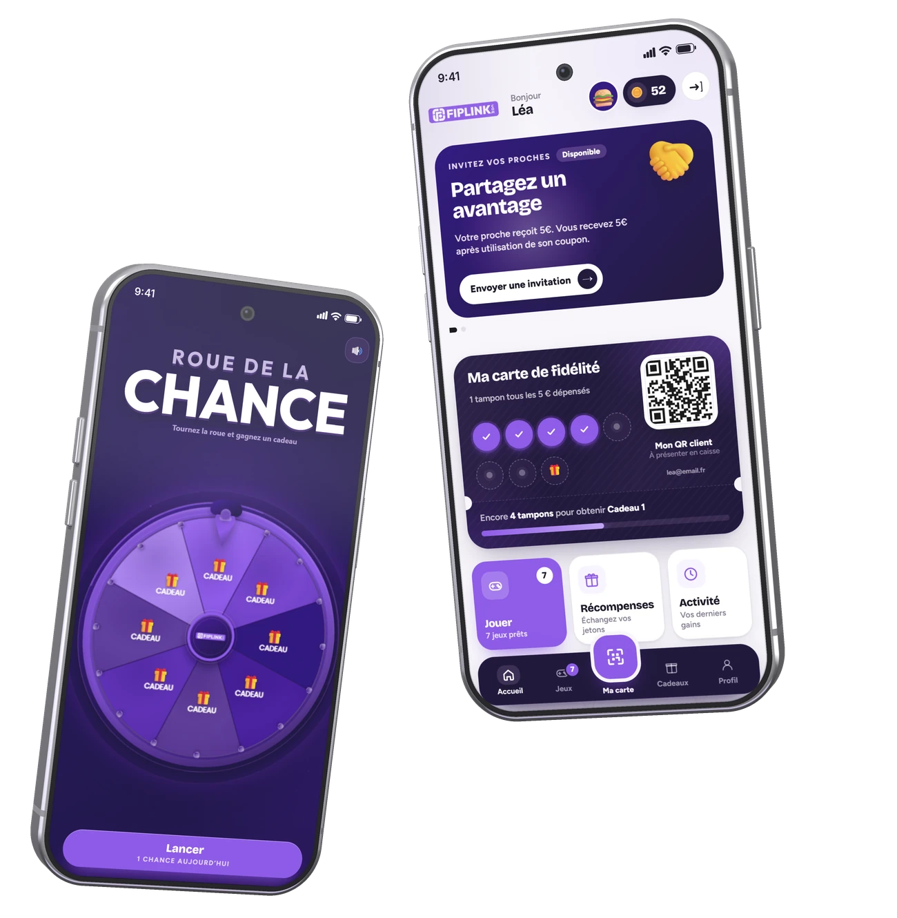 Application de fidélité Fiplink sur deux smartphones&nbsp;: la roue de la chance et la carte de fidélité