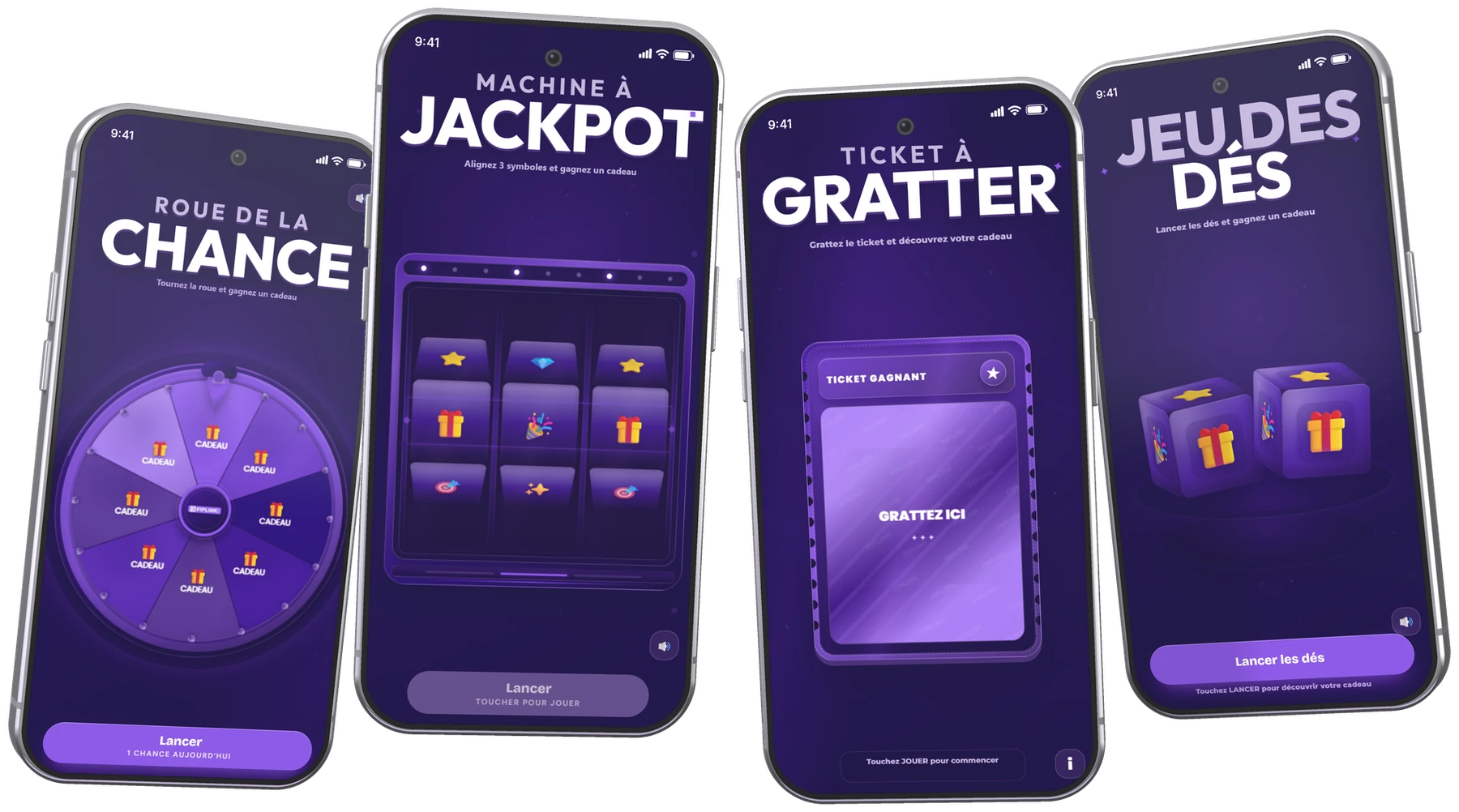 Quatre jeux Fiplink sur smartphone&nbsp;: roue de la chance, machine à jackpot, ticket à gratter et jeu des dés