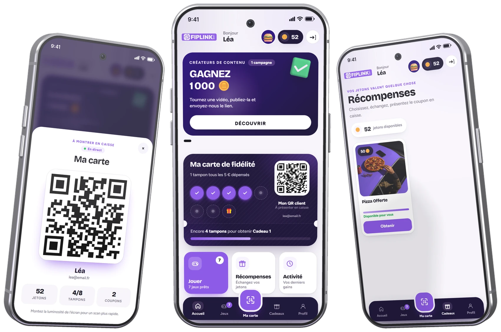 Carte de fidélité, accueil du programme et boutique de récompenses sur trois smartphones